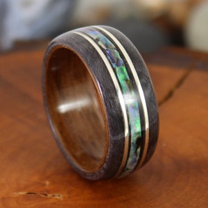 Walnut & Grey Maple Wood Ring with Silver and Abalone Mens Wood Ring Wood Rings Wood Engagement Ring Wood Wedding Band Bentwood Rings