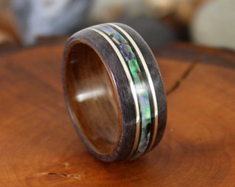 Walnut & Grey Maple Wood Ring with Silver and Abalone Mens Wood Ring Wood Rings Wood Engagement Ring Wood Wedding Band Bentwood Rings