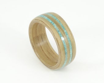 Bent Wood Ring - Oak with Double Turquoise Inlays, Handmade Wooden Ring In Any UK or US Size
