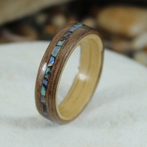 Oak & Walnut Wood Ring With Abalone Inlay, Wooden Rings, Wood Rings For Men, Wooden Wedding Rings, Bentwood Rings, Abalone Ring