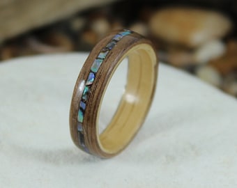 Oak & Walnut Wood Ring With Abalone Inlay, Wooden Rings, Wood Rings For Men, Wooden Wedding Rings, Bentwood Rings, Abalone Ring