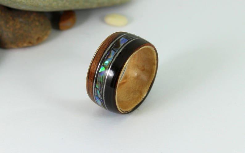 Ebony & Maple Wood Ring With Abalone + Guitar Strings, Wooden Rings ...
