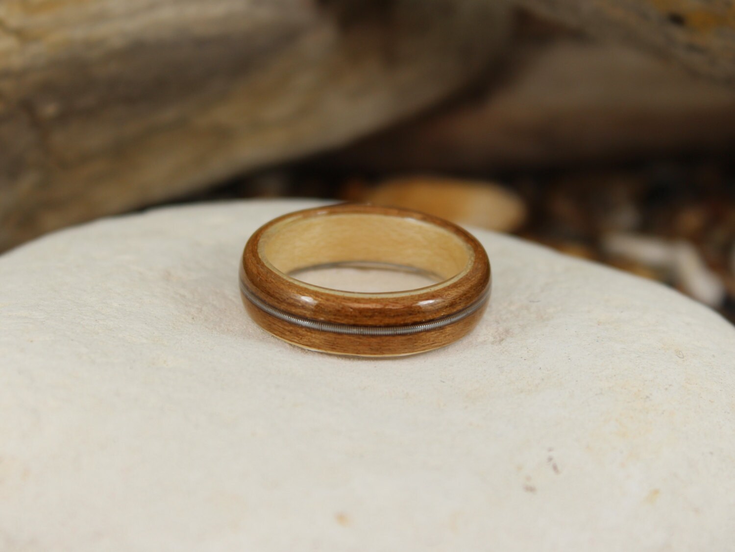 Cherry and Sycamore Bent Wood Ring With a Guitar String Inlay Band ...