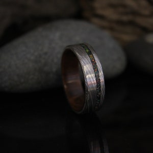 Stainless Damascus Steel Ring with Walnut Wood and Black Opal Inlay, Wood Ring, Minimalist Mens Wedding Band image 8