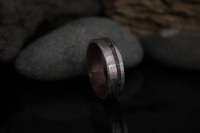 Stainless Damascus Steel Ring with Walnut Wood and Black Opal Inlay, Wood Ring, Minimalist Mens Wedding Band image 8