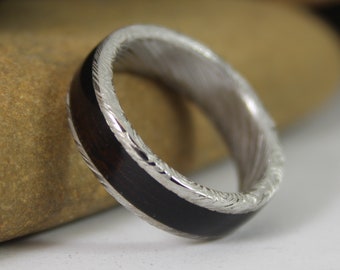 Damascus Steel Ring With Ebony Wood, Damascus Ring, Mens Wedding Band, Wooden Ring, Wood Wedding Ring