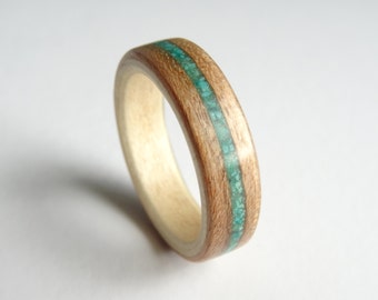Bent Wood Ring - Cherry lined with Sycamore and a Crushed Turquoise Inlay Band, Handmade to Any UK or US Size