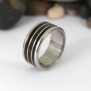 Damascus Steel Ring With Megalodon Tooth, Silver and Wood Inlay image 3