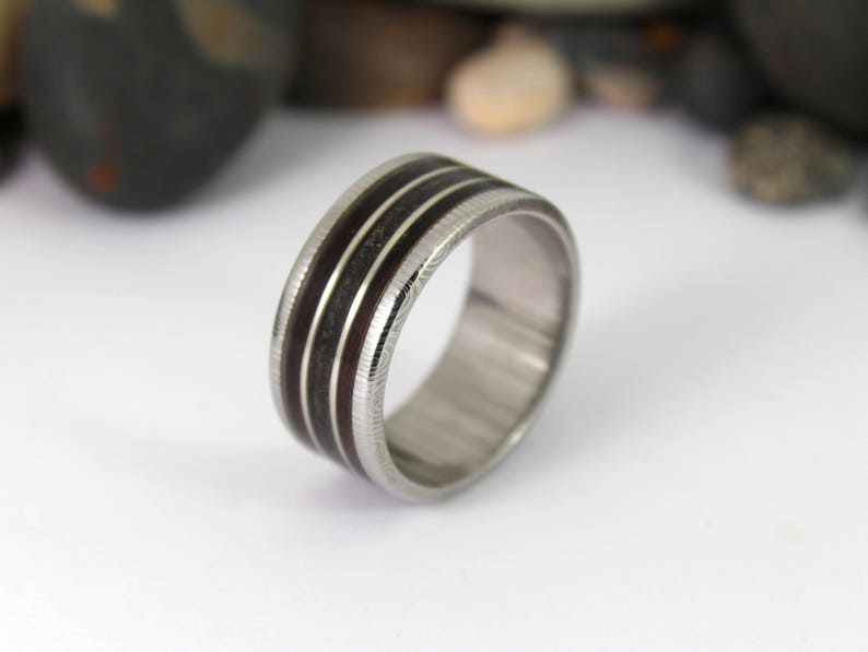 Damascus Steel Ring With Megalodon Tooth, Silver and Wood Inlay image 3