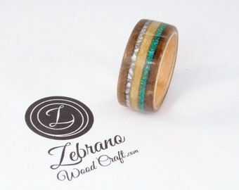 Elm and Maple Bent Wood Ring with Triple Inlay Bands of Birdseye Maple, Turquoise and Pearl.  Handmade tor order in any UK or US size
