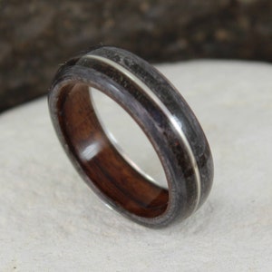 Wood Ring - Grey Maple & Rosewood with Dinosaur Bone, Meteorite and Silver inlays. Bent Wood Rings in Any UK or US Size