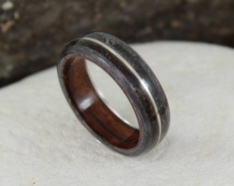 Wood Ring - Grey Maple & Rosewood with Dinosaur Bone, Meteorite and Silver inlays. Bent Wood Rings in Any UK or US Size