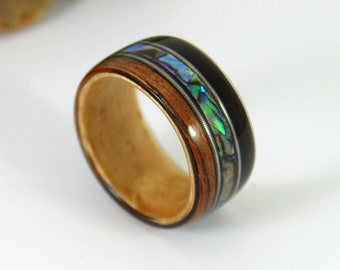 Ebony & Maple Wood Ring With Abalone + Guitar Strings, Wooden Rings, Mens Wood Rings, Wooden Wedding Rings, Bent Wood Rings, Wooden Ring