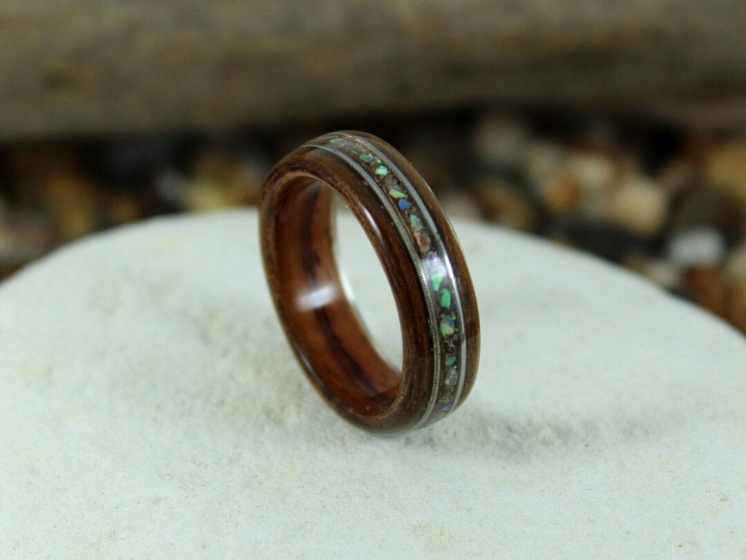 Kingwood & Olive Wood Ring With Abalone + Guitar Strings, Wooden Rings ...