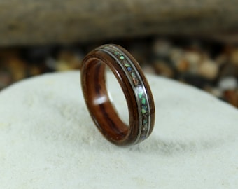 Kingwood & Olive Wood Ring With Abalone + Guitar Strings, Wooden Rings, Mens Wood Rings, Wooden Wedding Rings, Bent Wood Rings, Wooden Ring