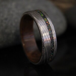 Stainless Damascus Steel Ring with Walnut Wood and Black Opal Inlay, Wood Ring, Minimalist Mens Wedding Band image 5