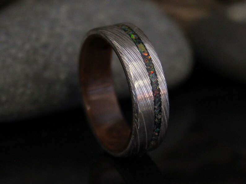 Stainless Damascus Steel Ring with Walnut Wood and Black Opal Inlay, Wood Ring, Minimalist Mens Wedding Band image 5