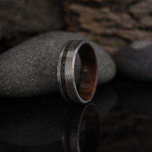 Stainless Damascus Steel Ring with Walnut Wood and Black Opal Inlay, Wood Ring, Minimalist Mens Wedding Band image 7