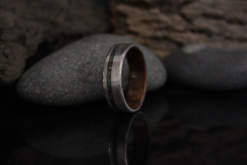 Stainless Damascus Steel Ring with Walnut Wood and Black Opal Inlay, Wood Ring, Minimalist Mens Wedding Band image 7