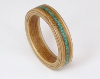 Oak Bent Wood Ring with a crushed Turquoise inlay, Handmade Rings in any UK or US size