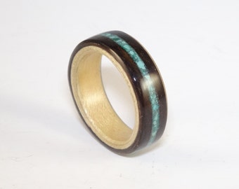 Bent Wood Ring - Macassar Ebony lined with Sycamore and a Crushed Turquoise Inlay Band, Handmade to Any UK or US Size