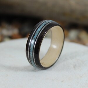 Ebony & Maple Wood Ring with Turquoise and Guitar Strings. Wood Ring, Men&#39;s Wood Ring, Women&#39;s Wood Ring, Wood Wedding Ring, Bent Wood Ring