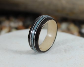 Ebony & Maple Wood Ring with Turquoise and Guitar Strings. Wood Ring, Men's Wood Ring, Women's Wood Ring, Wood Wedding Ring, Bent Wood Ring