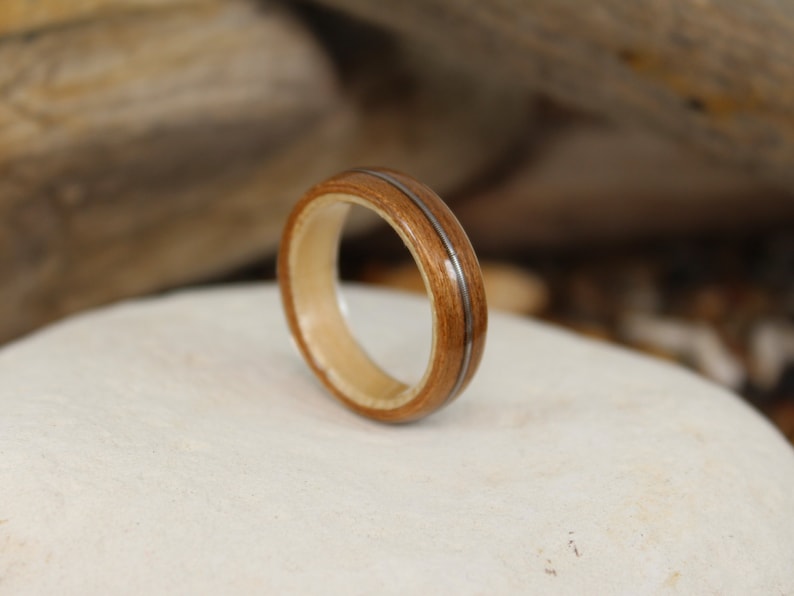 Cherry and Sycamore Bent Wood Ring with a Guitar String Inlay Band, Handmade to Any UK or US Size, Guitar String Ring, Bent Wood Band image 2