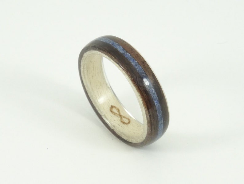 Bent Wood Ring Ebony and Maple with Blue Lapiz Inlay, Handmade Wooden Ring In Any UK or US Size image 2