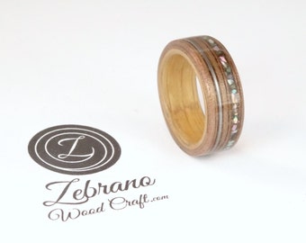 Bent Wood Ring Walnut and Oak with Abalone Shell and Guitar String Inlays Hand Made In Any UK or US Size.  Optional Inscription or Engraving