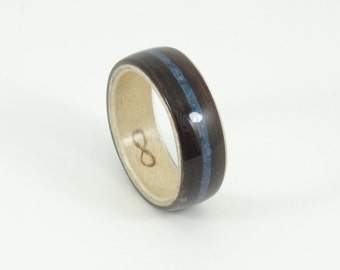 Bent Wood Ring -Ebony and Maple with Blue Lapiz Inlay, Handmade Wooden Ring In Any UK or US Size