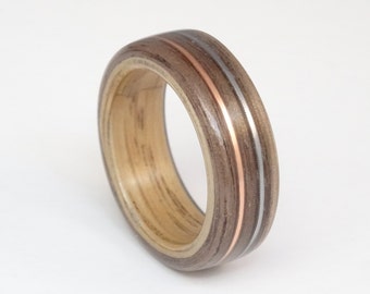 Bent Wood Ring Walnut and Oak with Copper and Guitar String Inlays Hand Made In Any UK or US Size.  Optional Inscription or Engraving