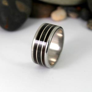 Damascus Steel Ring With Megalodon Tooth, Silver and Wood Inlay image 4