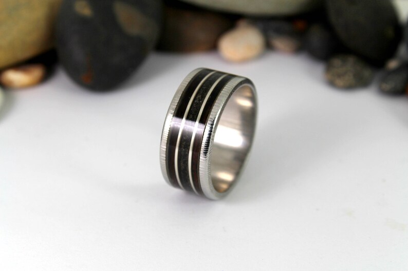 Damascus Steel Ring With Megalodon Tooth, Silver and Wood Inlay image 4
