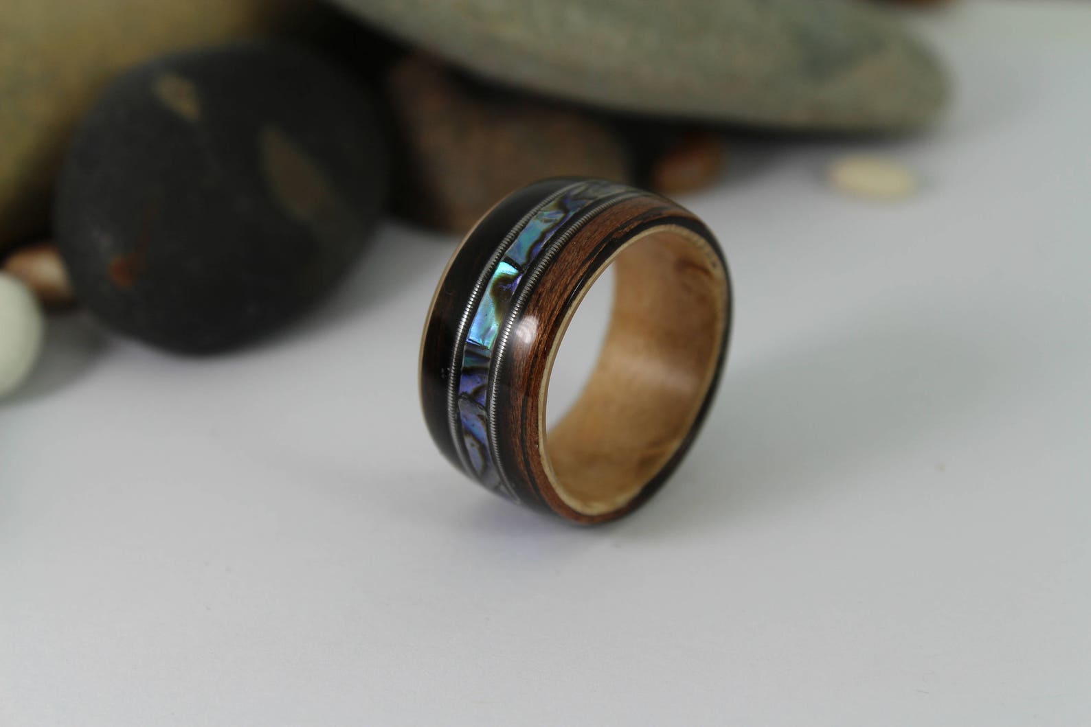 Ebony & Maple Wood Ring With Abalone + Guitar Strings, Wooden Rings ...