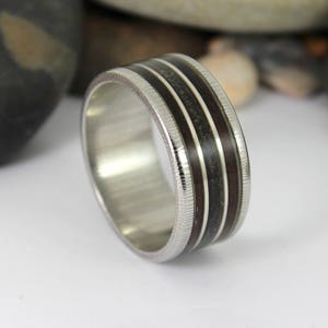 Damascus Steel Ring With Megalodon Tooth, Silver and Wood Inlay image 1