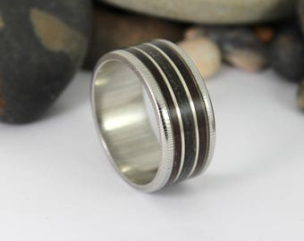 Damascus Steel Ring With Megalodon Tooth, Silver and Wood Inlay