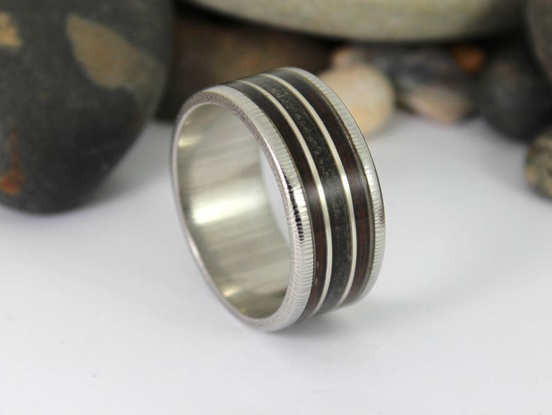 Damascus Steel Ring With Megalodon Tooth, Silver and Wood Inlay image 1