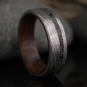 Stainless Damascus Steel Ring with Walnut Wood and Black Opal Inlay, Wood Ring, Minimalist Mens Wedding Band image 1