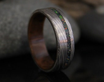 Stainless Damascus Steel Ring with Walnut Wood and Black Opal Inlay, Wood Ring, Minimalist Mens Wedding Band