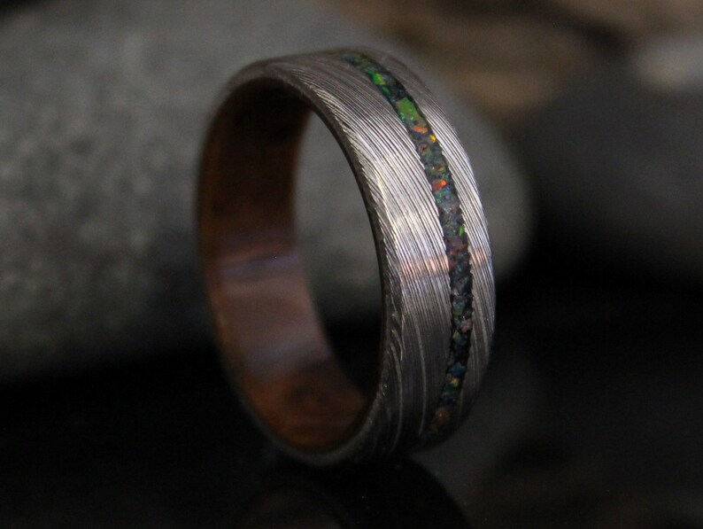 Stainless Damascus Steel Ring with Walnut Wood and Black Opal Inlay, Wood Ring, Minimalist Mens Wedding Band image 1