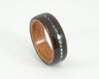 Wood Ring, Ebony & Padauk with Abalone Inlay, Mens Wood Ring, Womens Wood Ring, Wood Engagement Ring, Wood Wedding Band, Wooden Ring