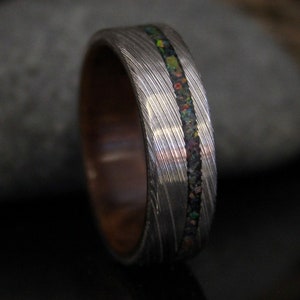 Stainless Damascus Steel Ring with Walnut Wood and Black Opal Inlay, Wood Ring, Minimalist Mens Wedding Band image 4