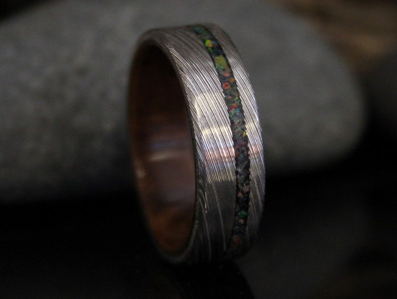 Stainless Damascus Steel Ring with Walnut Wood and Black Opal Inlay, Wood Ring, Minimalist Mens Wedding Band image 4