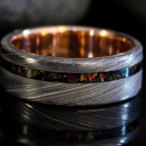 Stainless Damascus Steel Ring with Rose Gold and Black Opal Inlay, Minimalist Mens Wedding Band