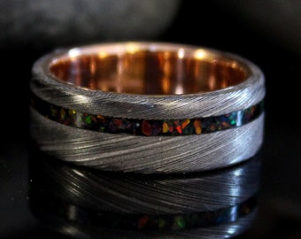 Stainless Damascus Steel Ring with Rose Gold and Black Opal Inlay, Minimalist Mens Wedding Band