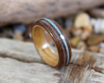 Walnut & Oak Wood Ring with Sand and Turquoise, Mens Wood Ring, Womens Wood Ring, Wood Engagement Ring, Beach Wedding Ring, Wooden Ring