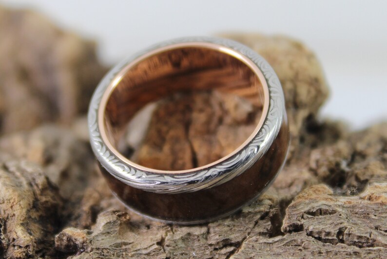 Rose Gold & Damascus Steel Ring With Walnut Inlay Mens Etsy