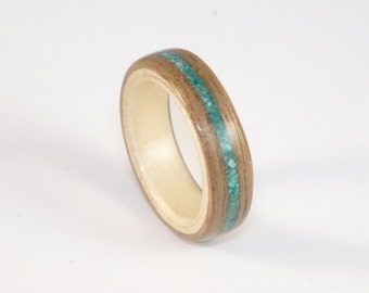 Bent Wood Ring Walnut & Sycamore with Turquoise Inlay Mens Wood Ring Womens Wood Ring Wood Engagement Ring Wood Wedding Band Wooden Ring