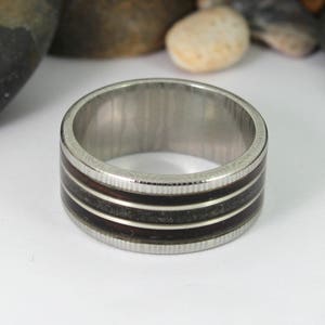 Damascus Steel Ring With Megalodon Tooth, Silver and Wood Inlay image 7